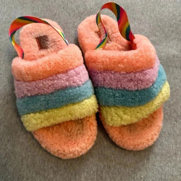 Ugg big kids fluff yeah slide pink multicolor size 5 - Picture 1 of 10